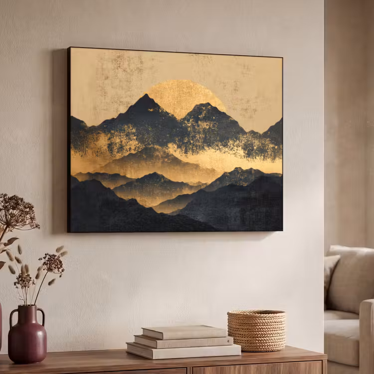 Gouden Bergen bij Maanlicht Textielframe zwart klein -sfeer3