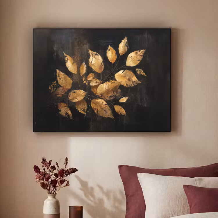 Gouden Bladeren op Donkere Achtergrond Textielframe - compleet frame klein -sfeer1