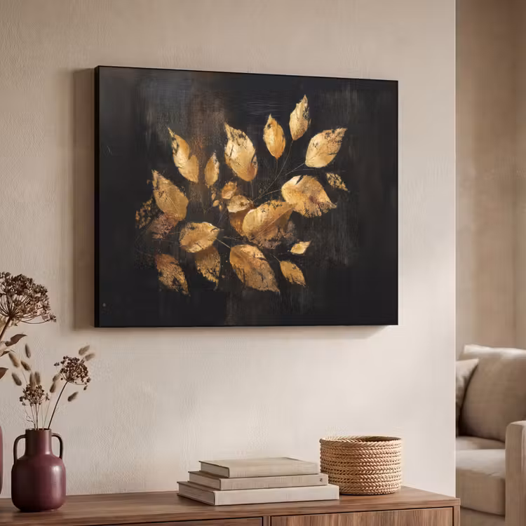 Gouden Bladeren op Donkere Achtergrond Textielframe - compleet frame klein -sfeer3