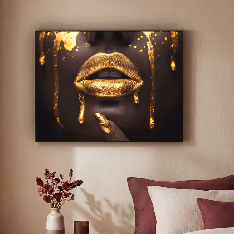 Gouden lippen - Gezicht - Vrouw - Modern Textielframe zwart klein -sfeer1