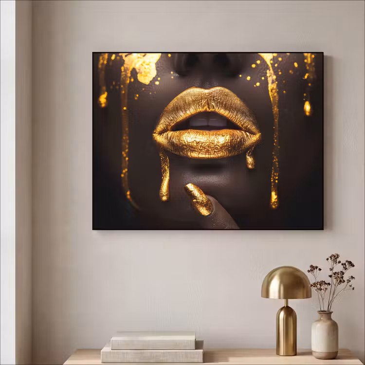 Gouden lippen - Gezicht - Vrouw - Modern Textielframe zwart klein -sfeer2