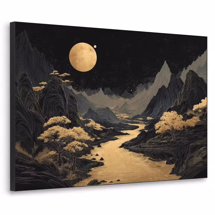 Gouden rivier - Bergen - Maan - Sterrenhemel Textielframe - compleet frame klein -3d