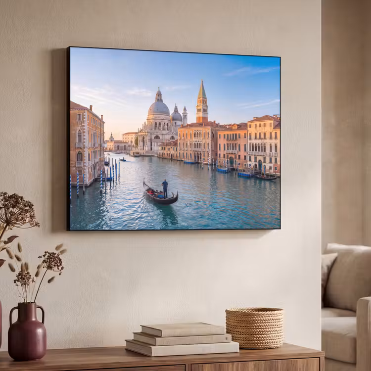 Gondel - Venetië - Kanaal - Stadsgezicht - Avondlicht Textielframe zwart klein -sfeer3