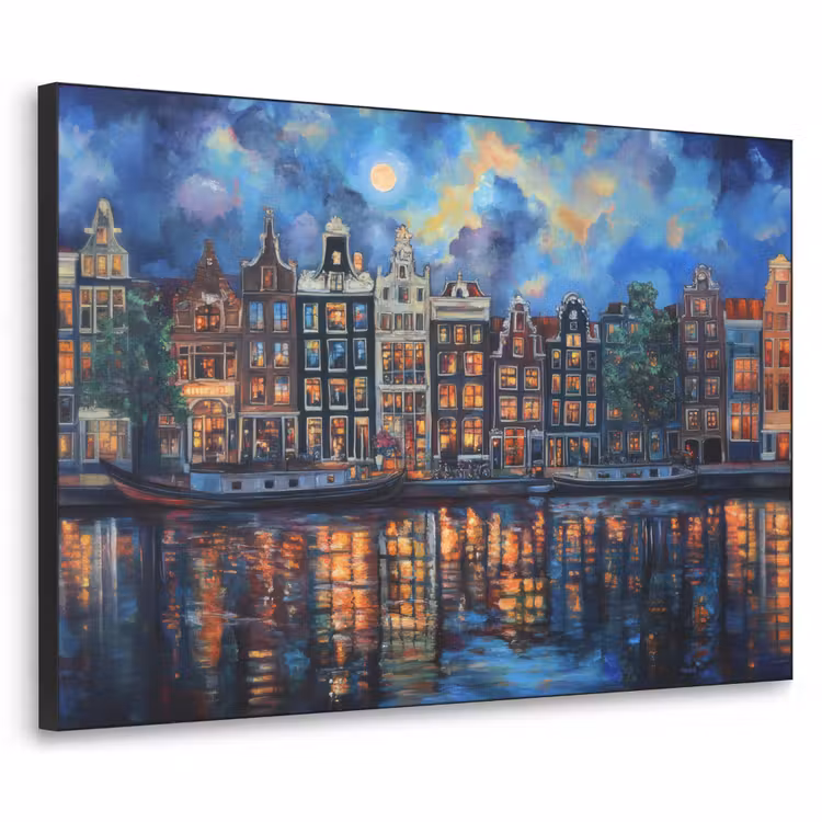Grachten Amsterdam - Huizen - Stad - Kleurrijk Textielframe zwart klein -3d