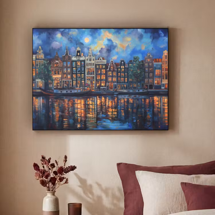 Grachten Amsterdam - Huizen - Stad - Kleurrijk Textielframe zwart klein -sfeer1