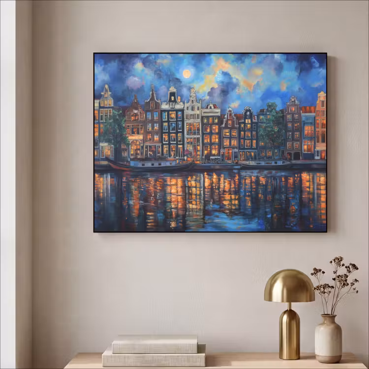 Grachten Amsterdam - Huizen - Stad - Kleurrijk Textielframe - compleet frame klein -sfeer2