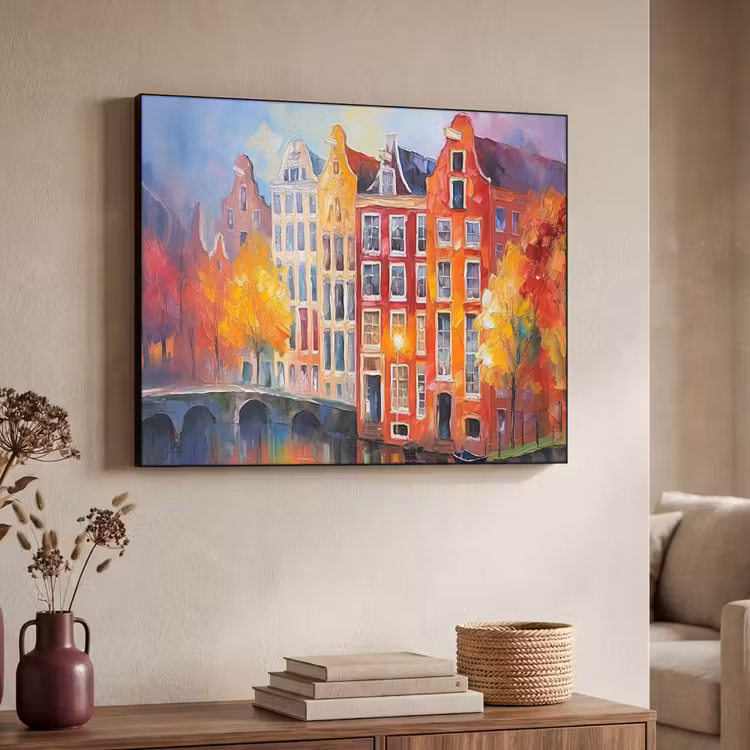 Grachtenpanden - Kunst - Schilderij - Amsterdam Textielframe zwart klein -sfeer3