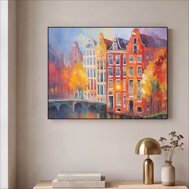 Grachtenpanden - Kunst - Schilderij - Amsterdam Textielframe zwart klein -sfeer2