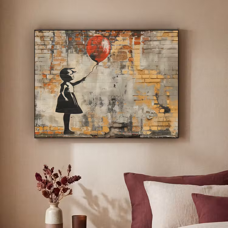 Graffiti - Banksy Style - Meisje met ballon Textielframe - compleet frame klein -sfeer1