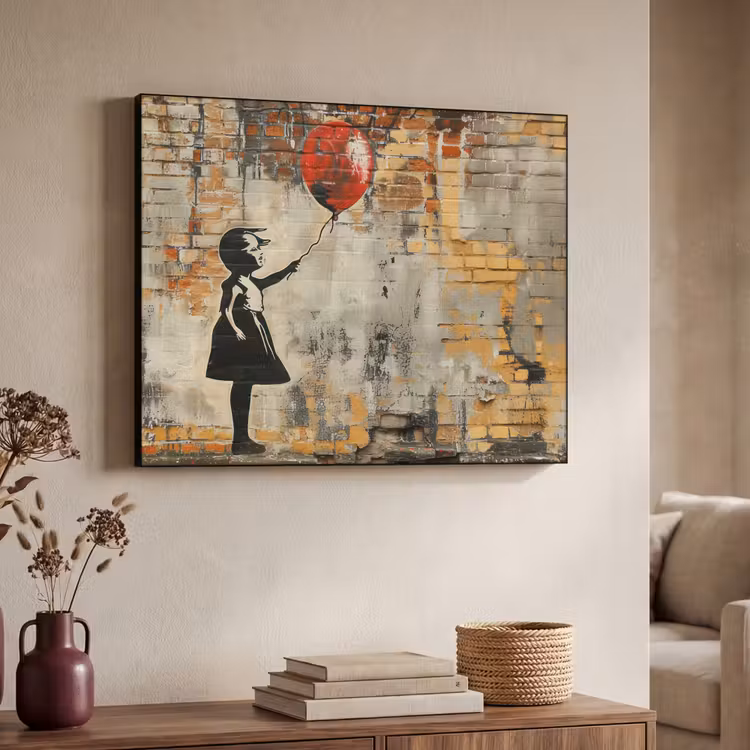 Graffiti - Banksy Style - Meisje met ballon Textielframe zwart klein -sfeer3