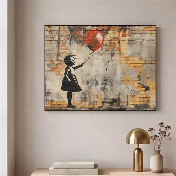 Graffiti - Banksy Style - Meisje met ballon Textielframe - compleet frame klein -sfeer2