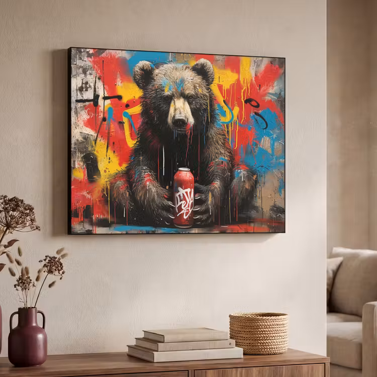 Graffiti - Beer - Dier - Muur - Street art Textielframe zwart klein -sfeer3