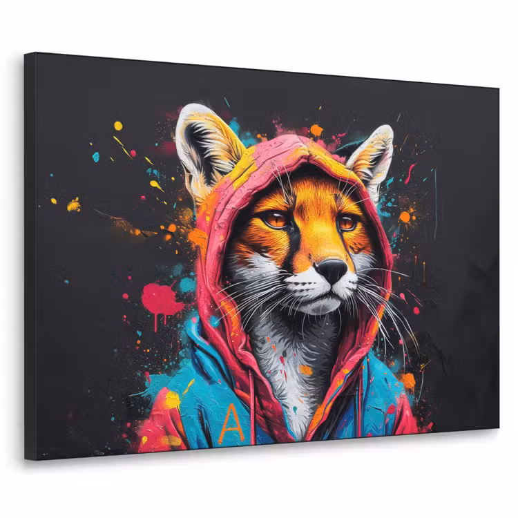 Graffiti - Vos - Jas - Pop art - Dieren Textielframe zwart klein -3d