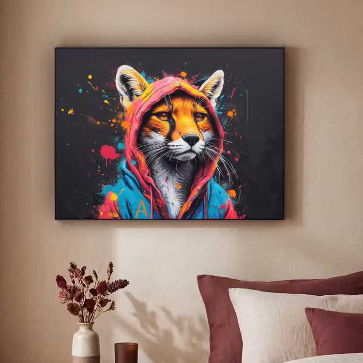 Graffiti - Vos - Jas - Pop art - Dieren Textielframe zwart klein -sfeer1