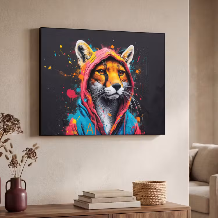 Graffiti - Vos - Jas - Pop art - Dieren Textielframe zwart klein -sfeer3