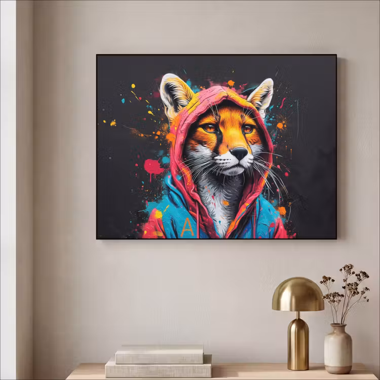 Graffiti - Vos - Jas - Pop art - Dieren Textielframe zwart klein -sfeer2