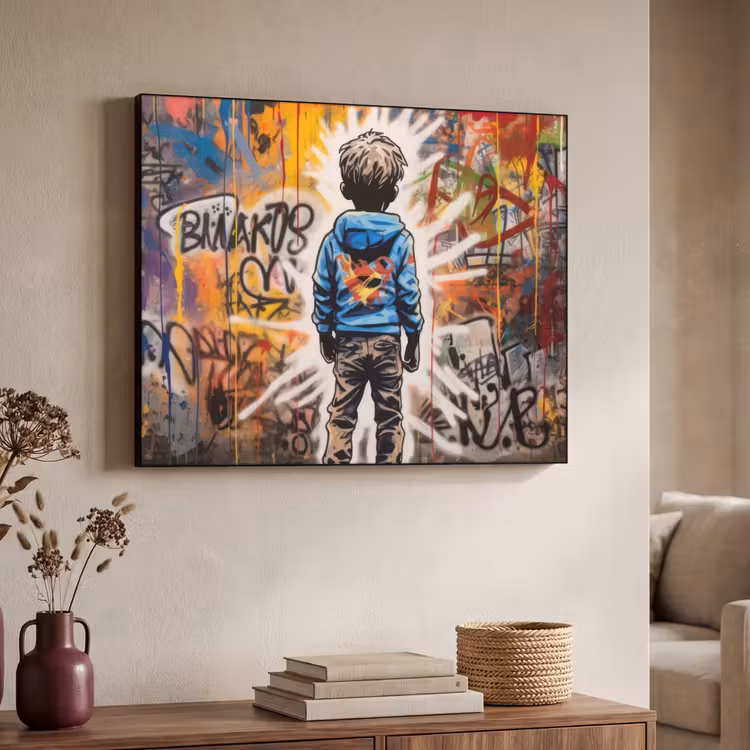 Graffiti - Jongen - Kleuren - Street Art Textielframe - compleet frame klein -sfeer3
