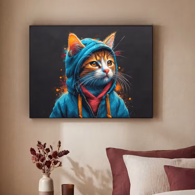 Graffiti - Kat - Zwart - Jas - Street art Textielframe zwart klein -sfeer1