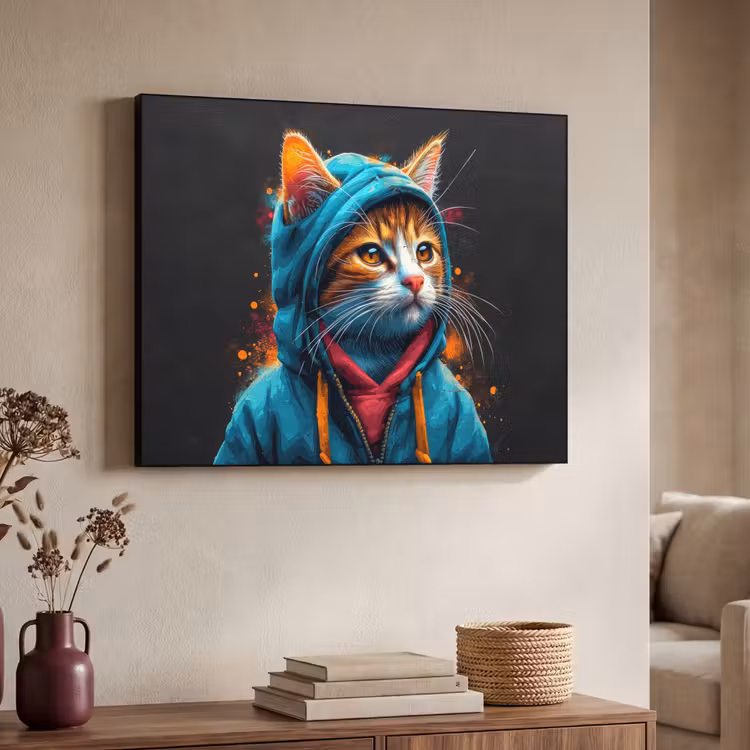 Graffiti - Kat - Zwart - Jas - Street art Textielframe zwart klein -sfeer3