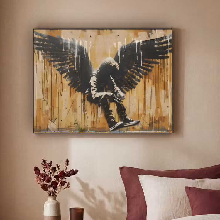 Graffiti - Kunst - Vleugels - Street art - Banksy Style Textielframe - compleet frame klein -sfeer1
