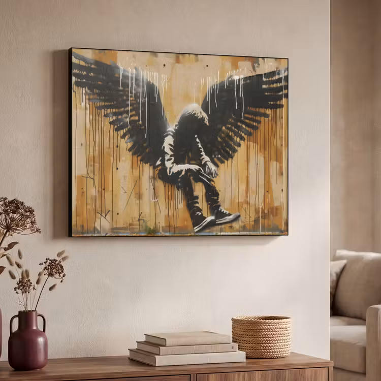 Graffiti - Kunst - Vleugels - Street art - Banksy Style Textielframe zwart klein -sfeer3