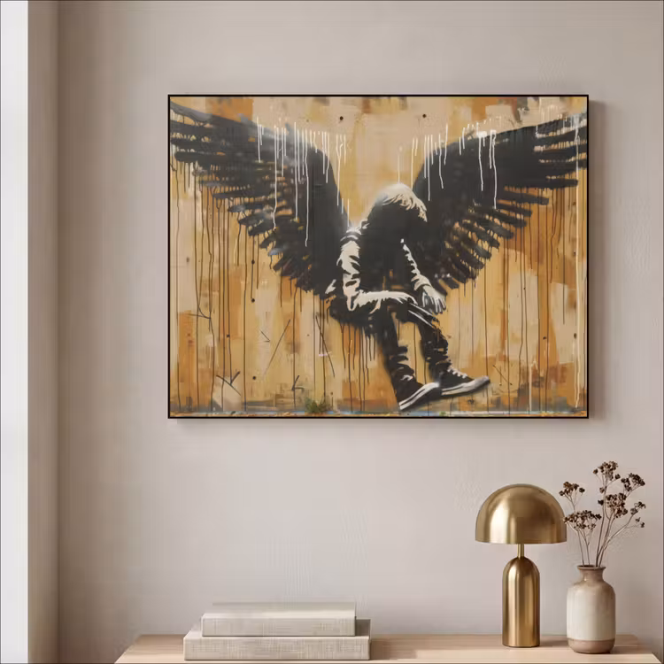 Graffiti - Kunst - Vleugels - Street art - Banksy Style Textielframe - compleet frame klein -sfeer2