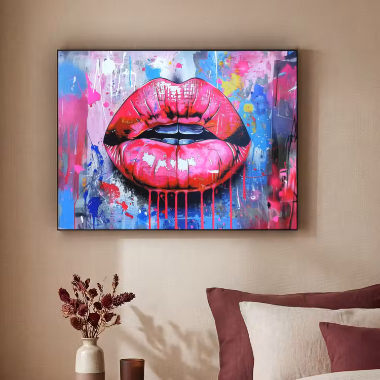 Graffiti - Lippen - Felroze - Geschilderd Textielframe - compleet frame klein -sfeer1