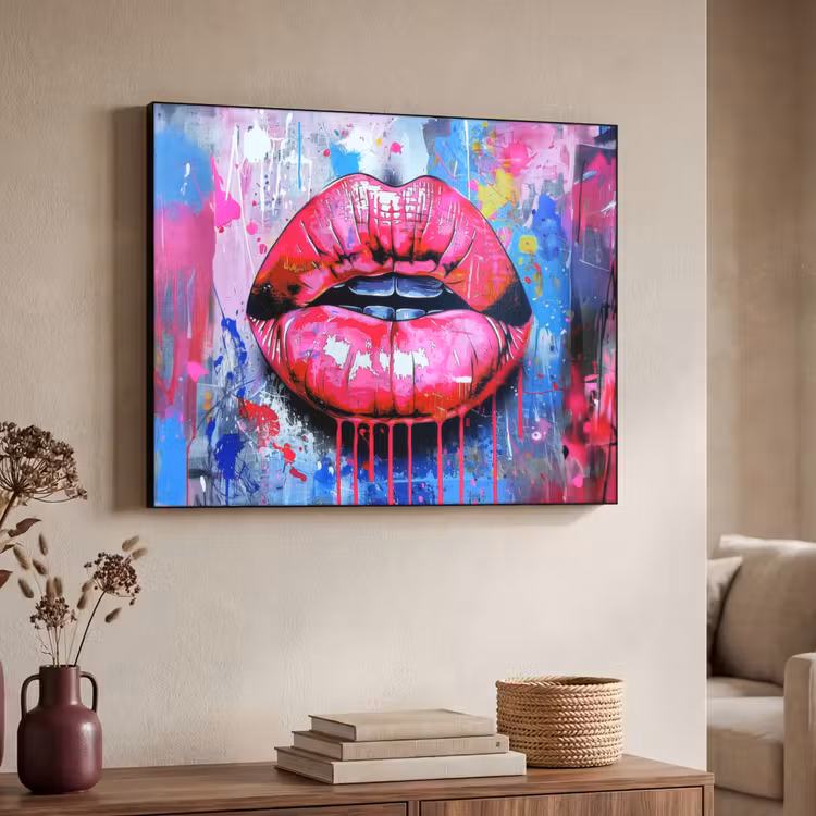 Graffiti - Lippen - Felroze - Geschilderd Textielframe - compleet frame klein -sfeer3