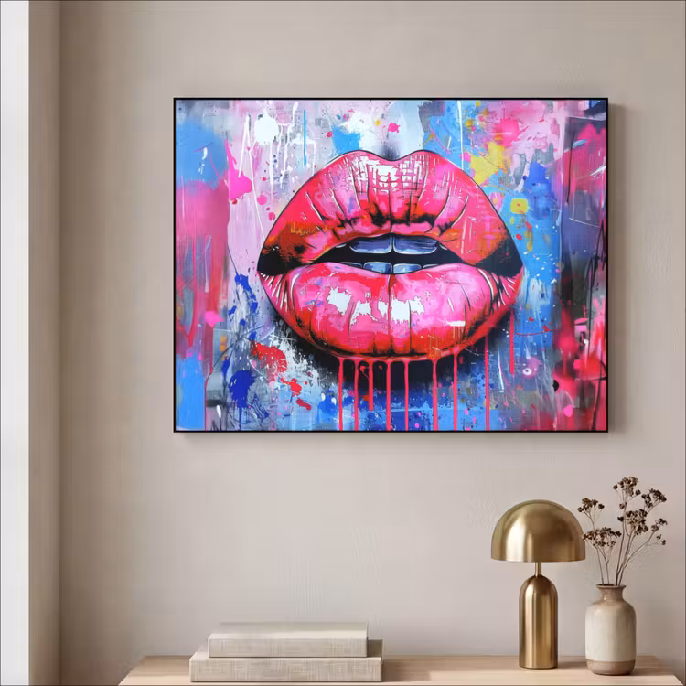 Graffiti - Lippen - Felroze - Geschilderd Textielframe zwart klein -sfeer2