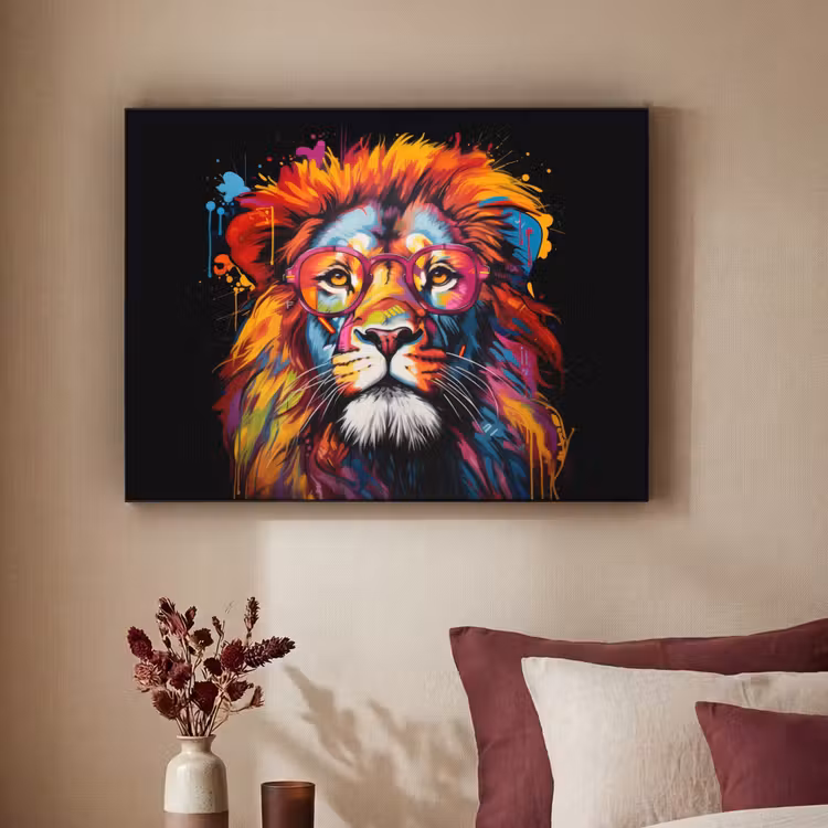 Graffiti - Leeuw - Bril - Zwart - Kleurrijk Textielframe - compleet frame klein -sfeer1