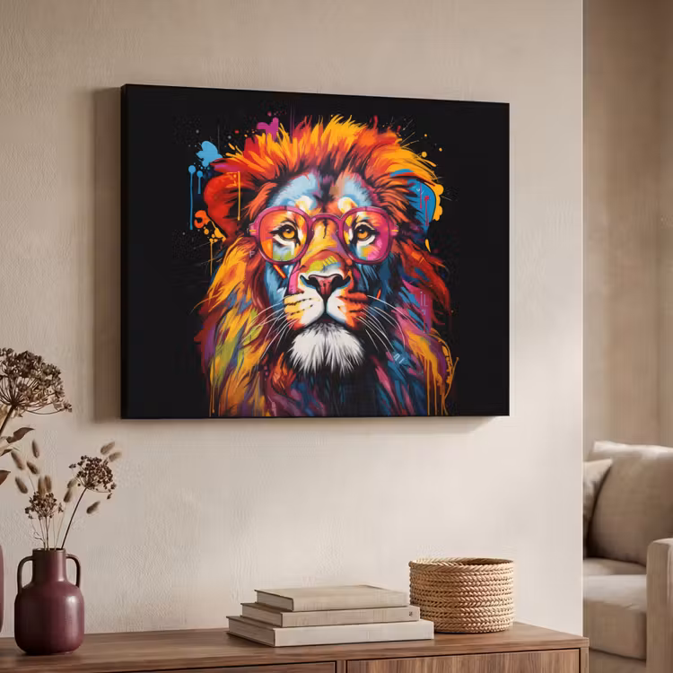 Graffiti - Leeuw - Bril - Zwart - Kleurrijk Textielframe - compleet frame klein -sfeer3