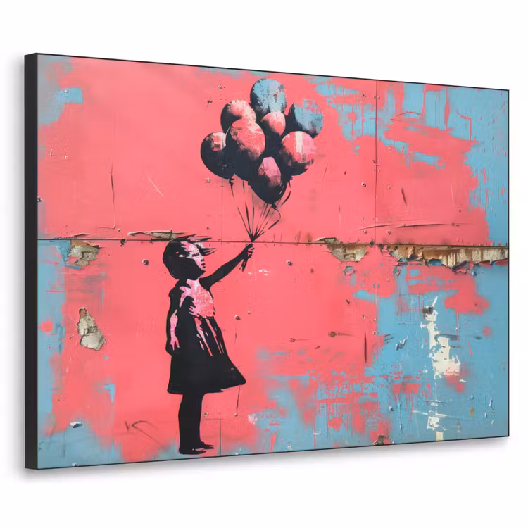 Graffiti - Meisje - Ballon - Roze - Blauw - Street art Textielframe zwart klein -3d