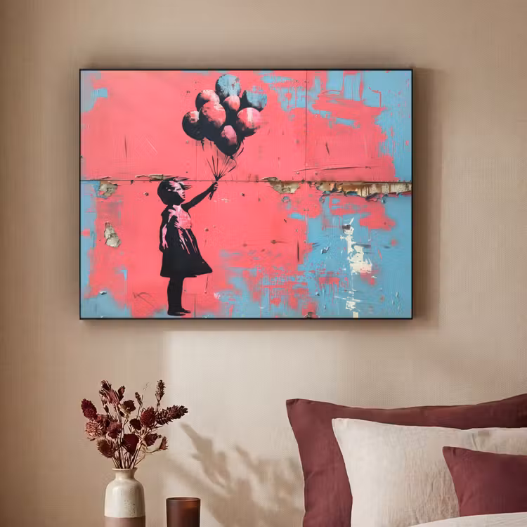Graffiti - Meisje - Ballon - Roze - Blauw - Street art Textielframe - compleet frame klein -sfeer1