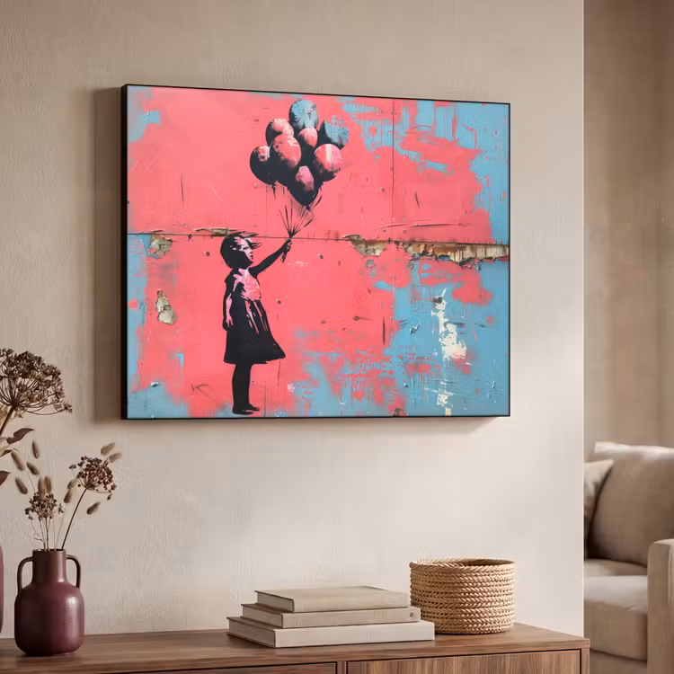 Graffiti - Meisje - Ballon - Roze - Blauw - Street art Textielframe zwart klein -sfeer3