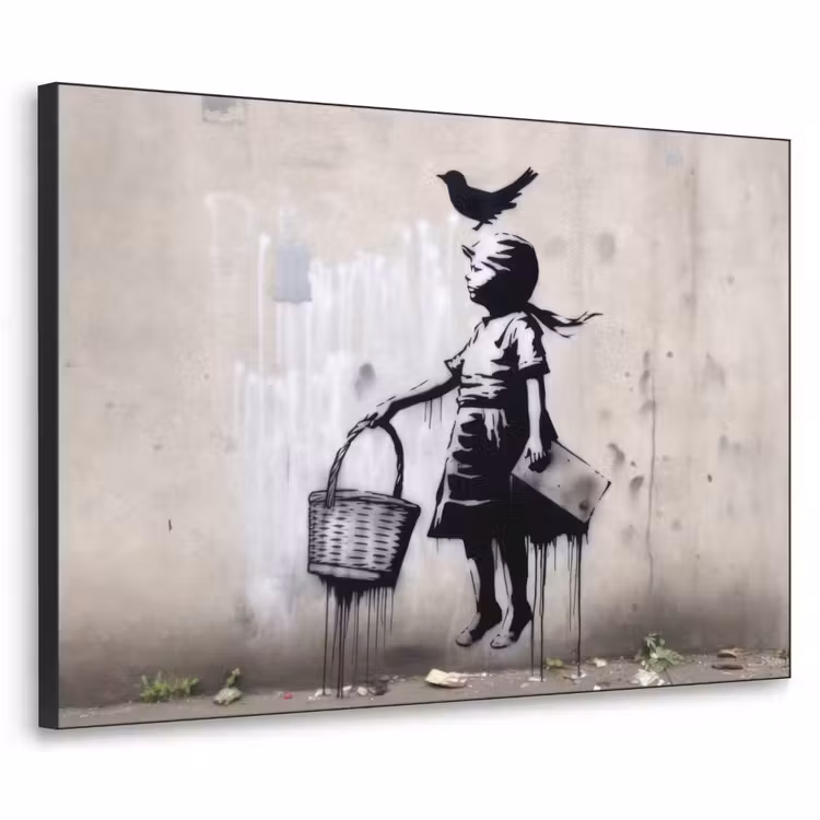 Graffiti - Meisje - Vogel - Street Art - Banksy Style Textielframe zwart klein -3d