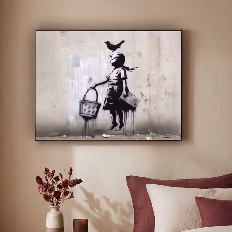 Graffiti - Meisje - Vogel - Street Art - Banksy Style Textielframe - compleet frame klein -sfeer1
