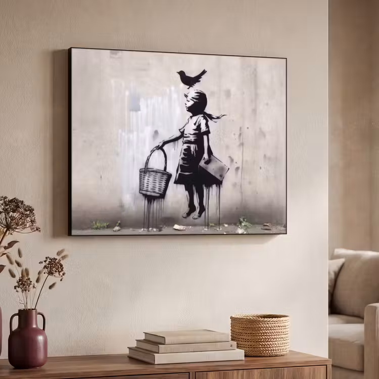 Graffiti - Meisje - Vogel - Street Art - Banksy Style Textielframe zwart klein -sfeer3