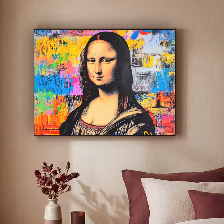 Graffiti - Neon - Mona Lisa - Kunst - Da Vinci Textielframe - compleet frame klein -sfeer1