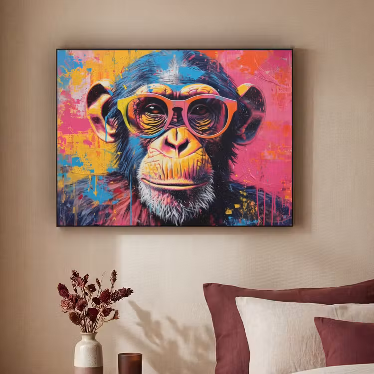 Graffiti - Chimpansee - Aap - Bril - Kleurrijk Textielframe - compleet frame klein -sfeer1