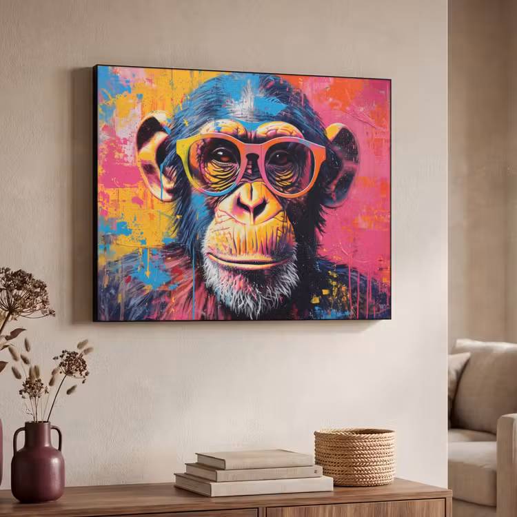 Graffiti - Chimpansee - Aap - Bril - Kleurrijk Textielframe zwart klein -sfeer3