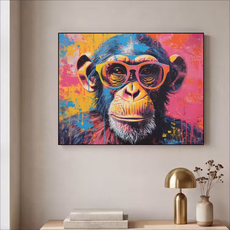 Graffiti - Chimpansee - Aap - Bril - Kleurrijk Textielframe zwart klein -sfeer2