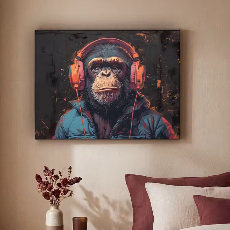 Graffiti - Chimpansee - Koptelefoon - Aap Textielframe - compleet frame klein -sfeer1