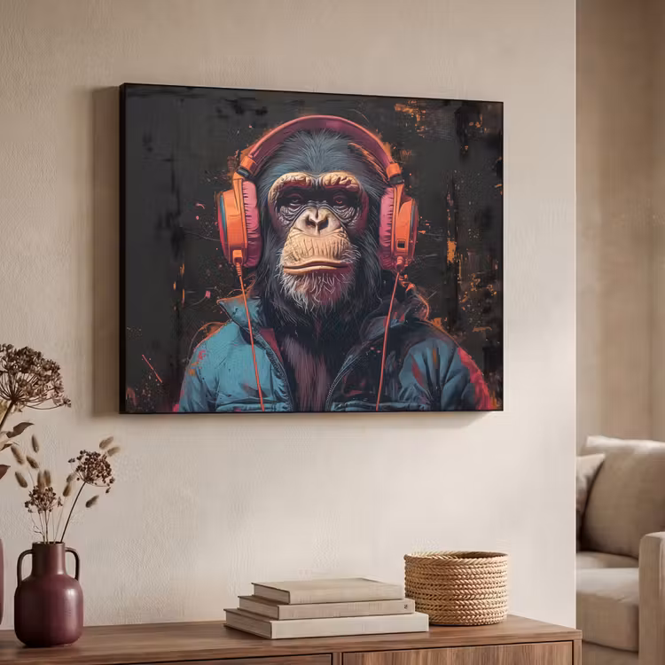Graffiti - Chimpansee - Koptelefoon - Aap Textielframe - compleet frame klein -sfeer3
