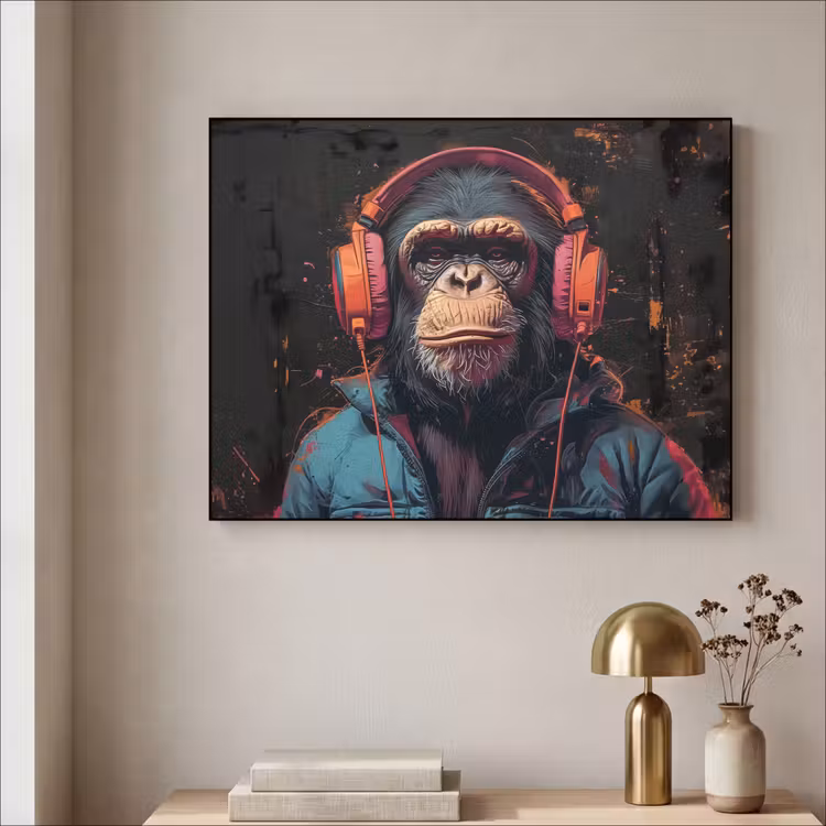 Graffiti - Chimpansee - Koptelefoon - Aap Textielframe - compleet frame klein -sfeer2