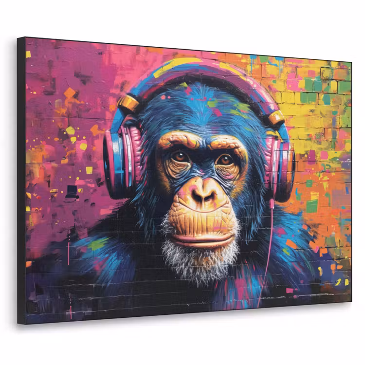 Graffiti - Chimpansee - Street art - Koptelefoon - Aap Textielframe zwart klein -3d