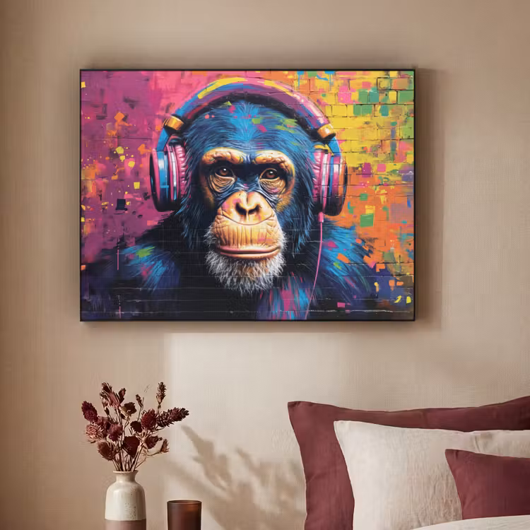 Graffiti - Chimpansee - Street art - Koptelefoon - Aap Textielframe - compleet frame klein -sfeer1