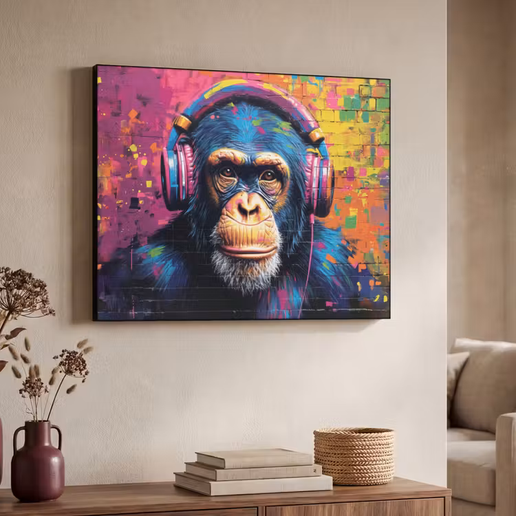 Graffiti - Chimpansee - Street art - Koptelefoon - Aap Textielframe - compleet frame klein -sfeer3