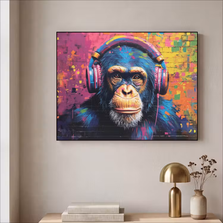 Graffiti - Chimpansee - Street art - Koptelefoon - Aap Textielframe - compleet frame klein -sfeer2