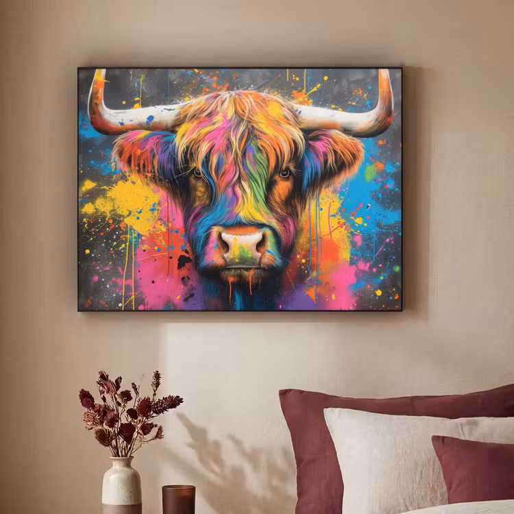 Graffiti - Schotse hooglander - Koe - Kleurrijk Textielframe zwart klein -sfeer1