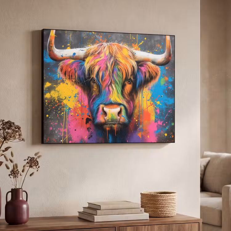 Graffiti - Schotse hooglander - Koe - Kleurrijk Textielframe zwart klein -sfeer3